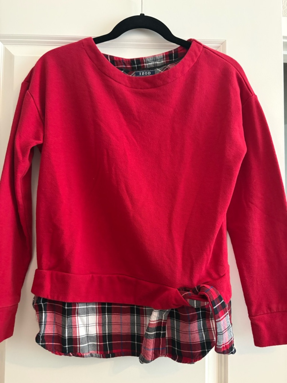 Izod Red Women’s Sweatshirt with Plaid Hem and Tie Detail
